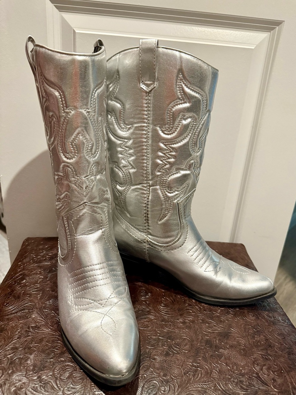 Soda Metallic Silver Cowboy Ankle Boots with Embroidered Stitching